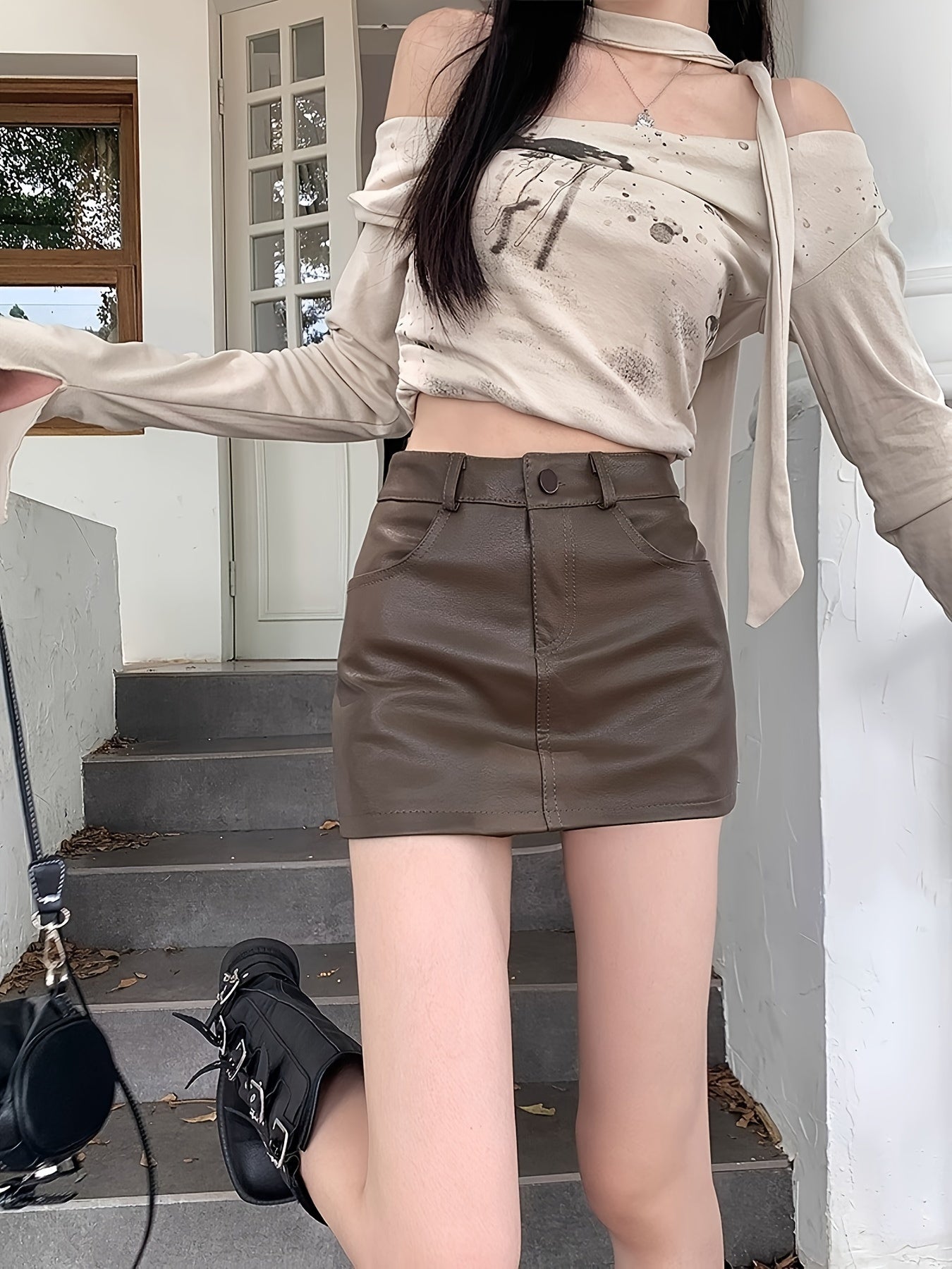 High-Waisted Leather A-Line Mini Skirt