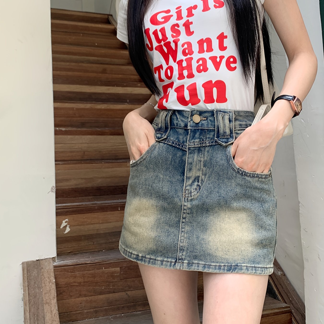 Distressed Washed Slash Pocket Retro Style