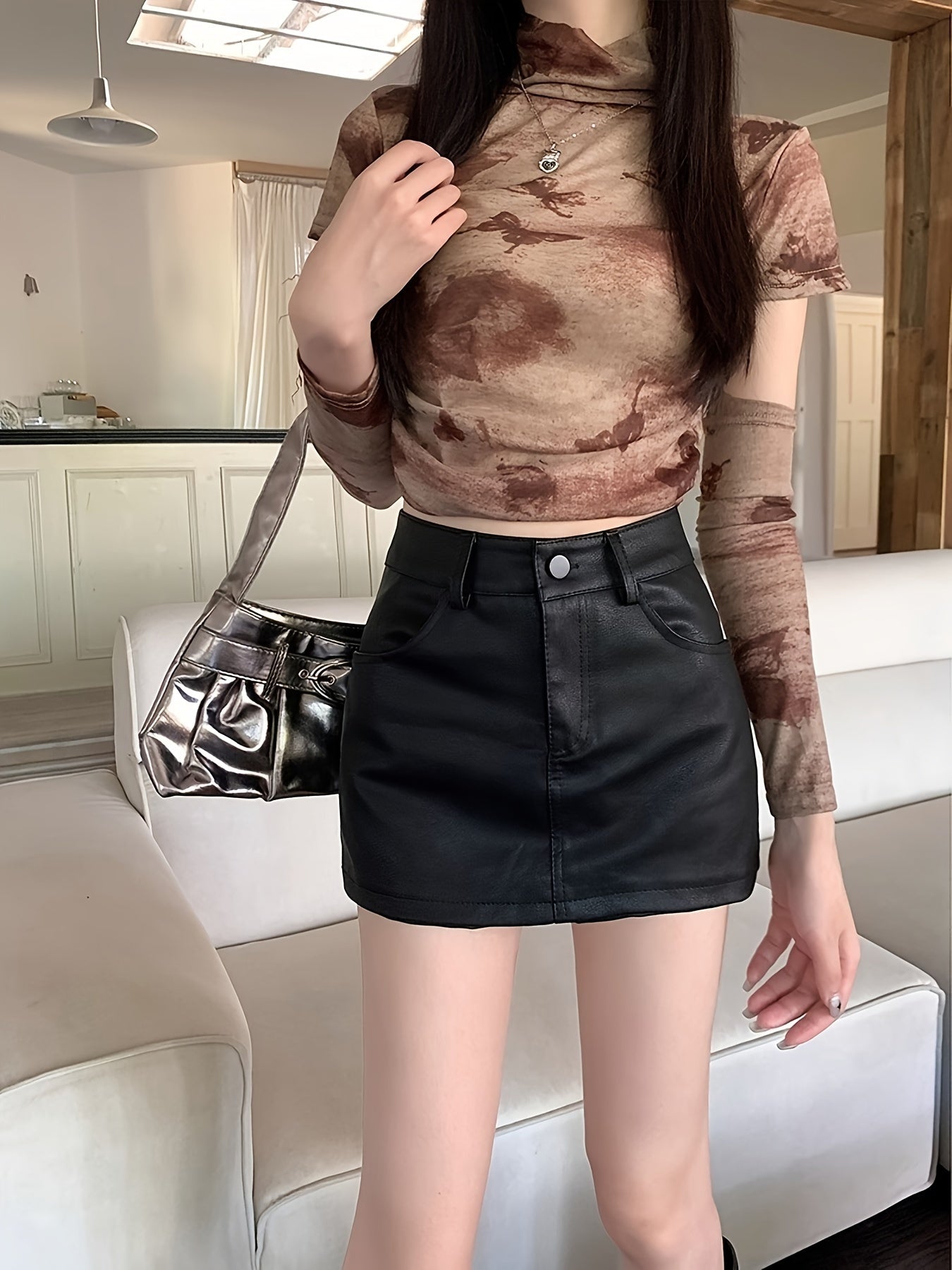 High-Waisted Leather A-Line Mini Skirt