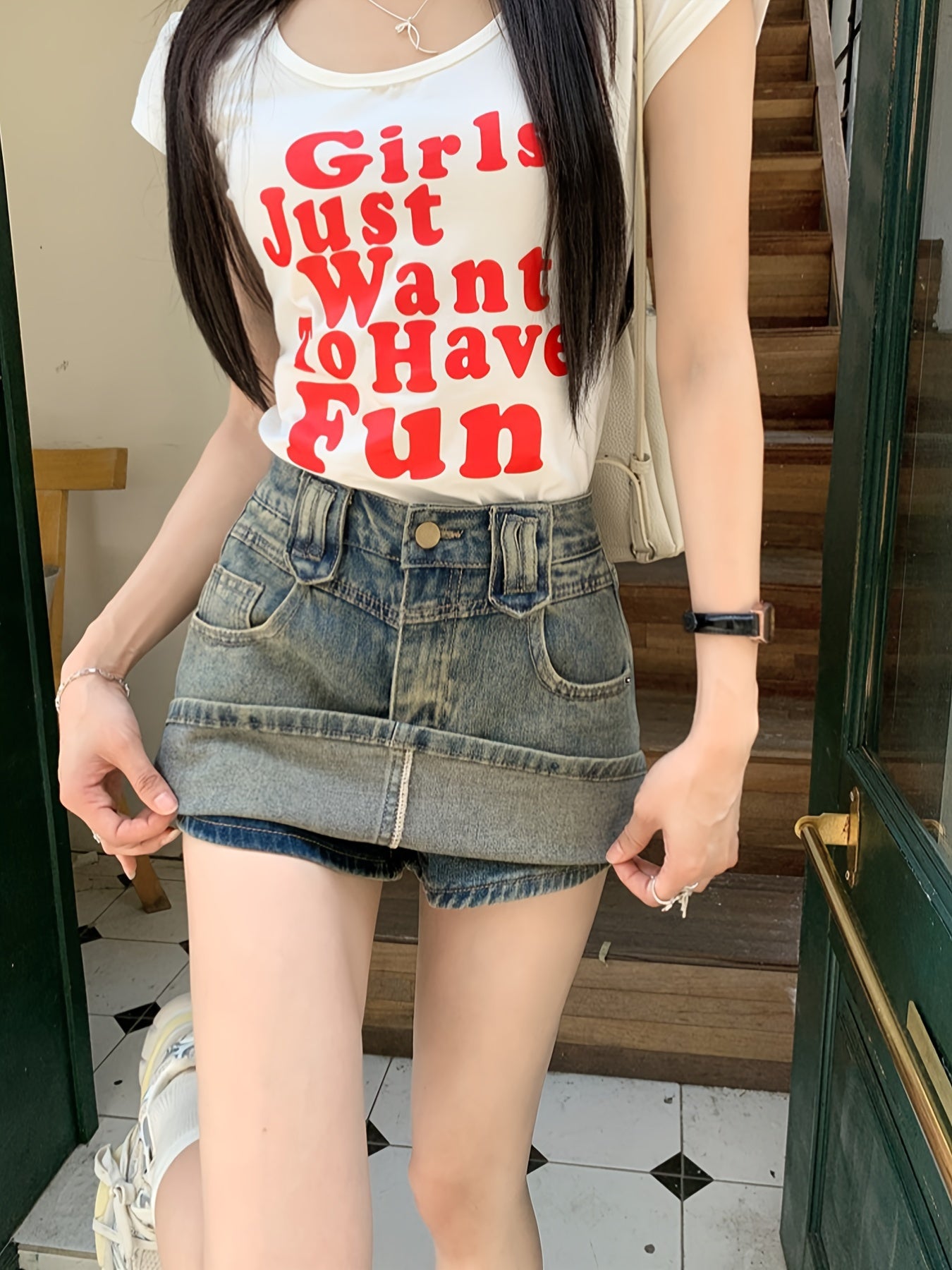 Distressed Washed Slash Pocket Retro Style