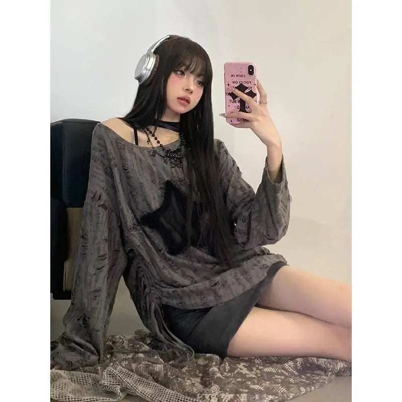 Spring Autumn Star Hole Loose Long Sve Top