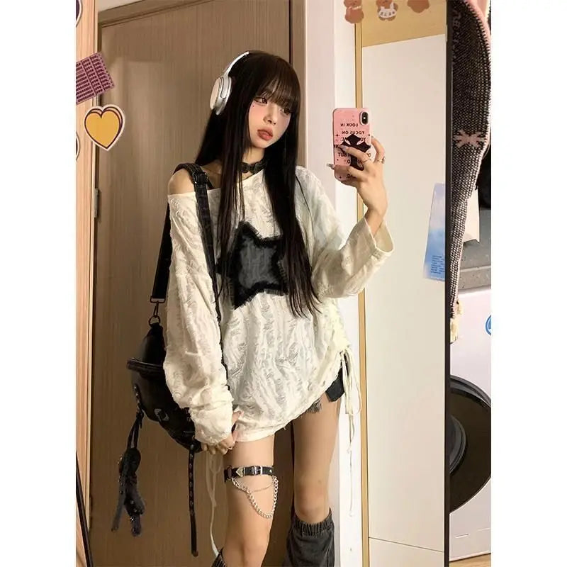 Spring Autumn Star Hole Loose Long Sve Top