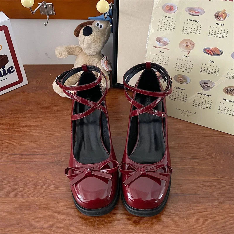 Red Mary Jane Pumps Thick High Heels Shoes