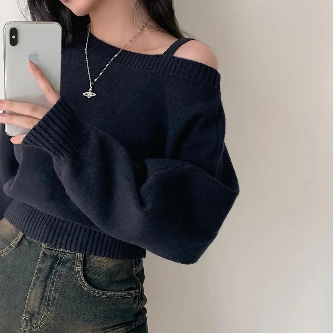 OffThe Shoulder Tankbatwing Sleeve Knitted Top