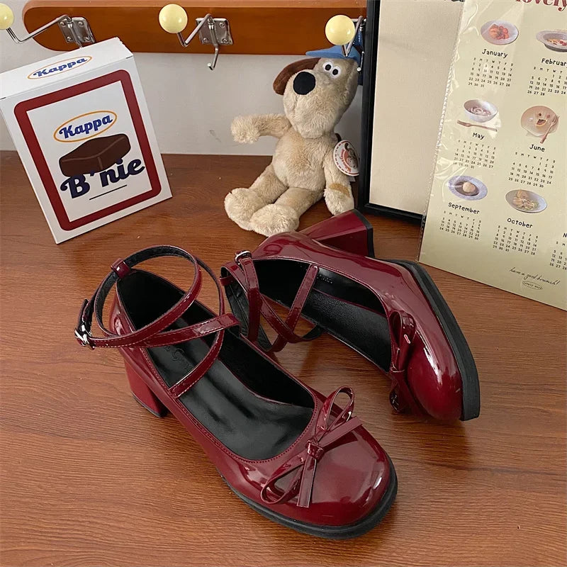 Red Mary Jane Pumps Thick High Heels Shoes