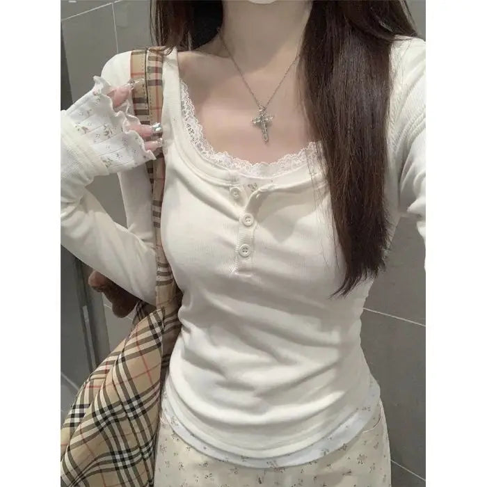 Sle Long Sve Lace Splice Slim Fit Tirt