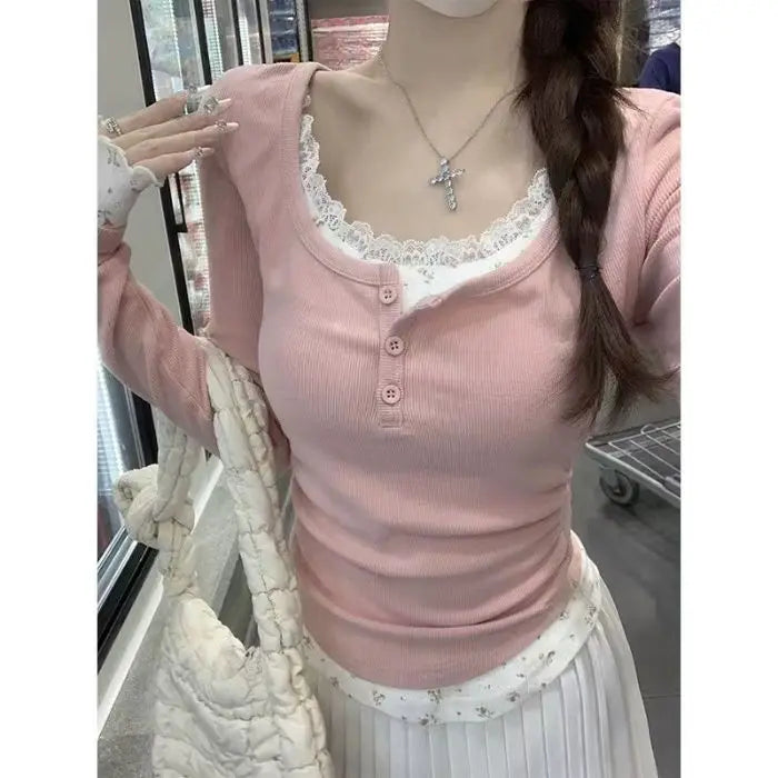 Sle Long Sve Lace Splice Slim Fit Tirt