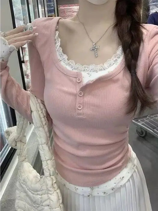 Sle Long Sve Lace Splice Slim Fit Tirt