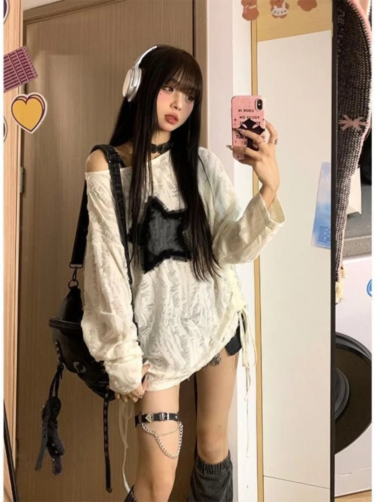 Spring Autumn Star Hole Loose Long Sve Top