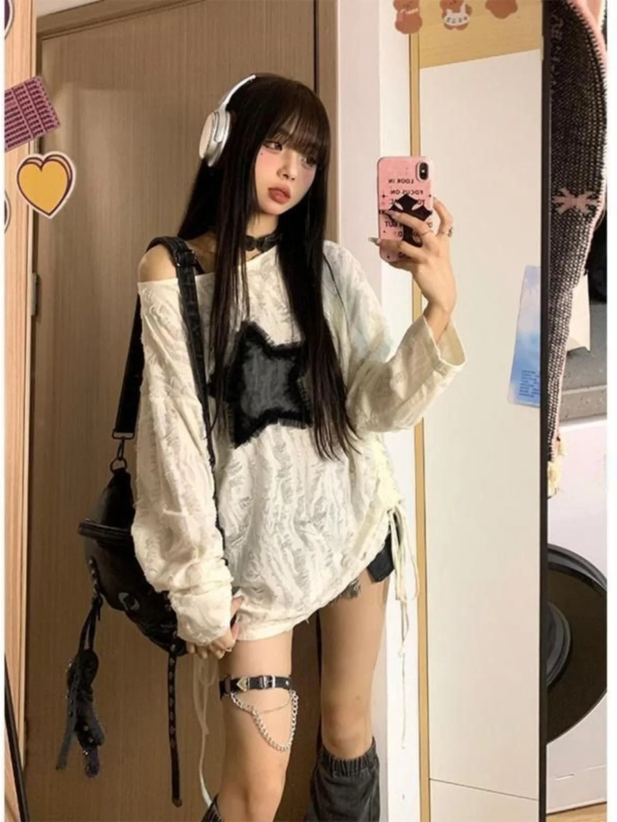 Spring Autumn Star Hole Loose Long Sve Top