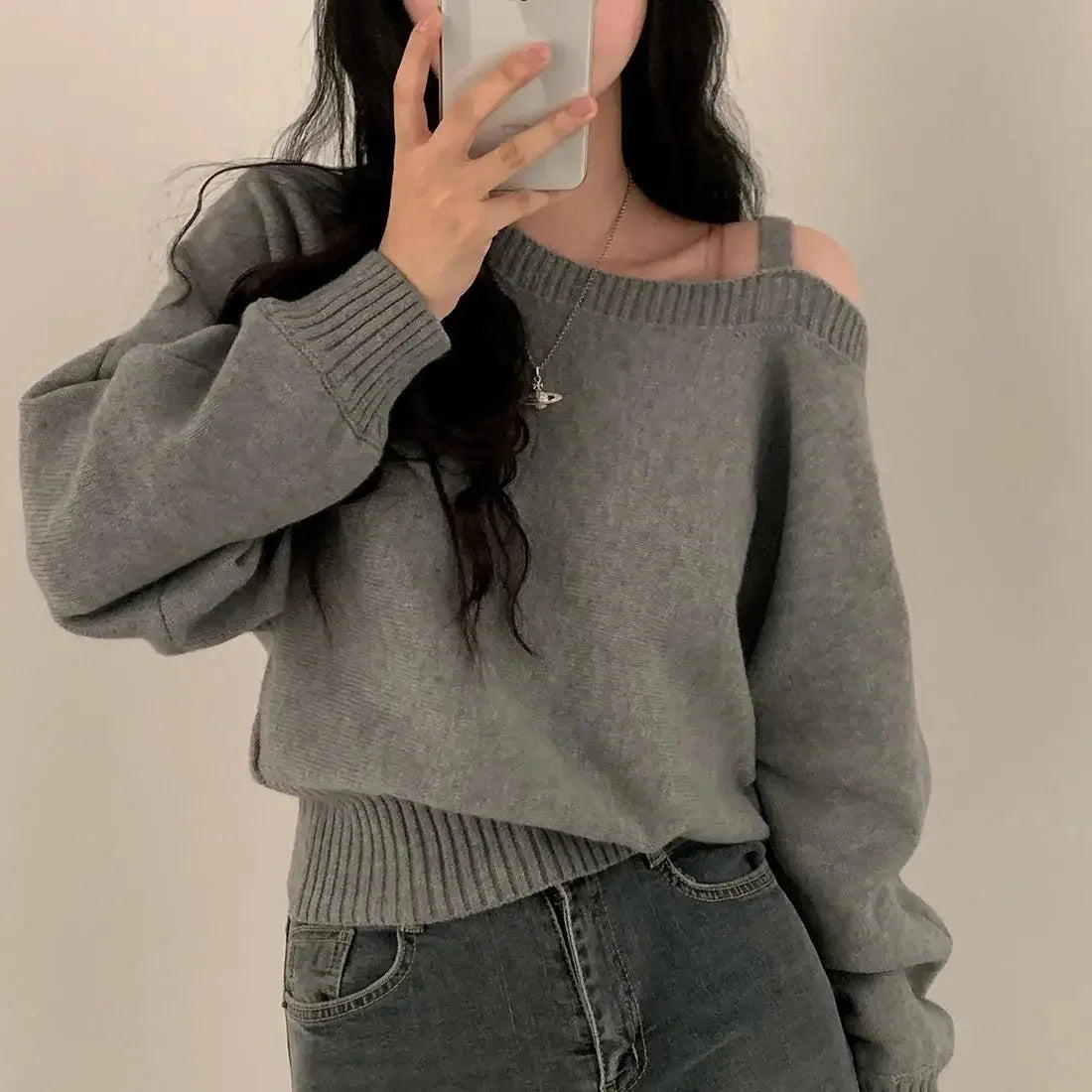 OffThe Shoulder Tankbatwing Sleeve Knitted Top