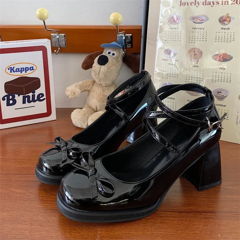 Red Mary Jane Pumps Thick High Heels Shoes