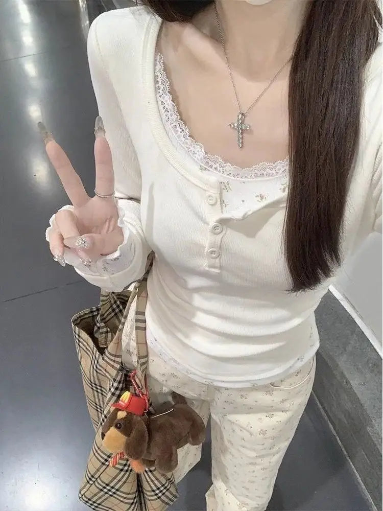 Sle Long Sve Lace Splice Slim Fit Tirt
