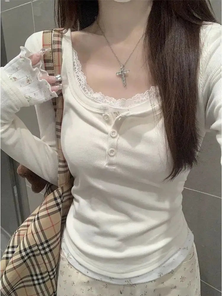 Sle Long Sve Lace Splice Slim Fit Tirt