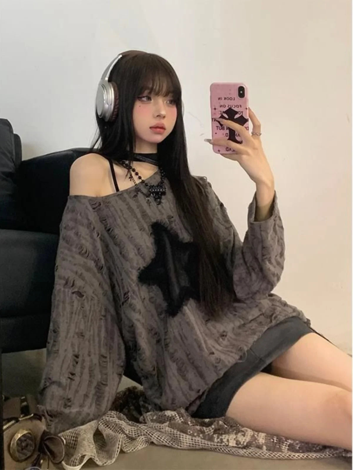 Spring Autumn Star Hole Loose Long Sve Top