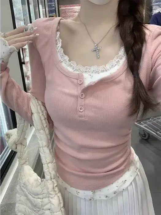 Sle Long Sve Lace Splice Slim Fit Tirt
