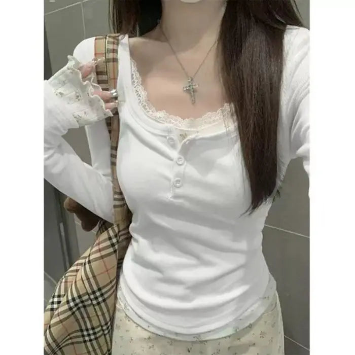 Sle Long Sve Lace Splice Slim Fit Tirt