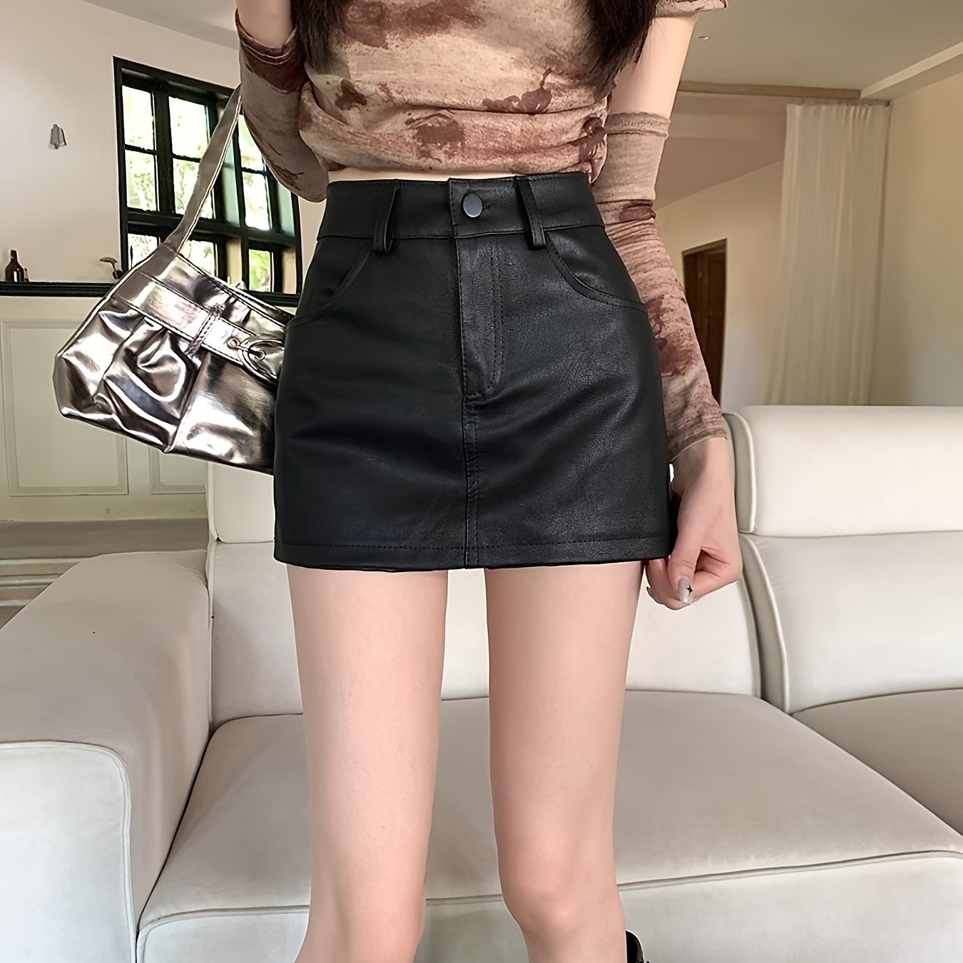 High-Waisted Leather A-Line Mini Skirt