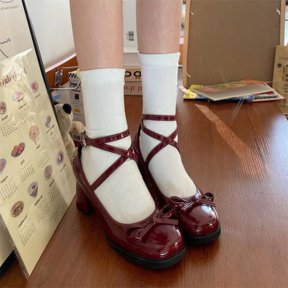 Red Mary Jane Pumps Thick High Heels Shoes