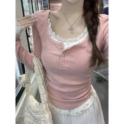 Sle Long Sve Lace Splice Slim Fit Tirt