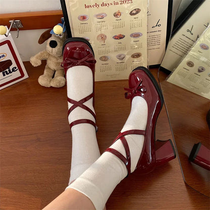 Red Mary Jane Pumps Thick High Heels Shoes