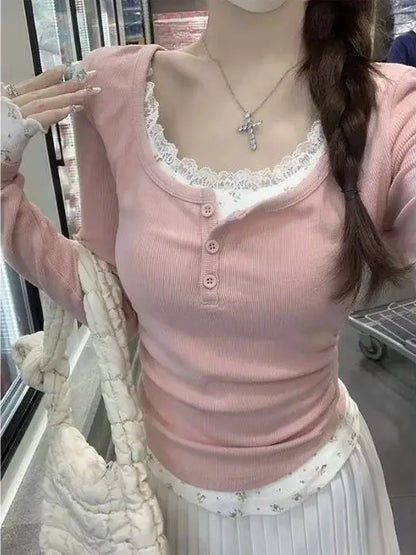 Sle Long Sve Lace Splice Slim Fit Tirt