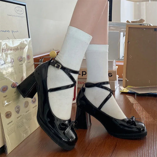Red Mary Jane Pumps Thick High Heels Shoes