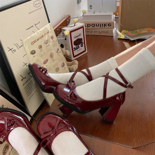 Red Mary Jane Pumps Thick High Heels Shoes
