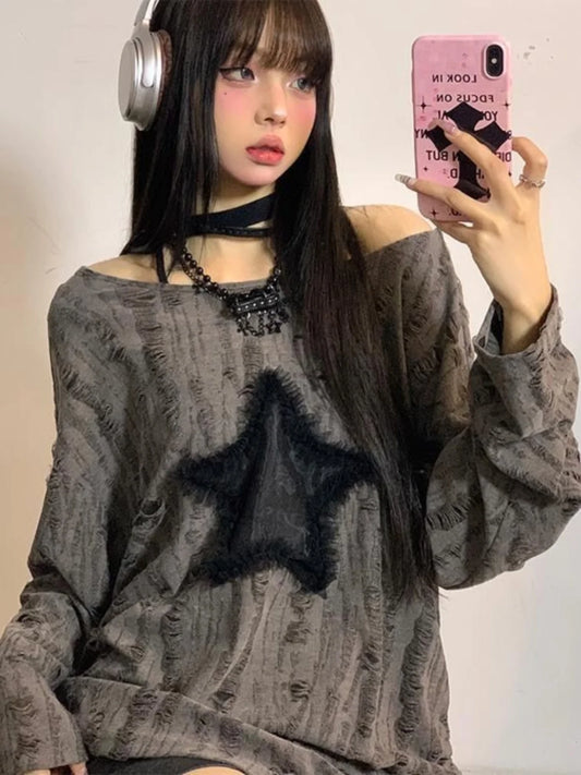 Spring Autumn Star Hole Loose Long Sve Top