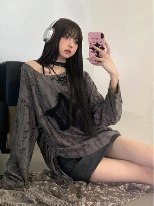 Spring Autumn Star Hole Loose Long Sve Top