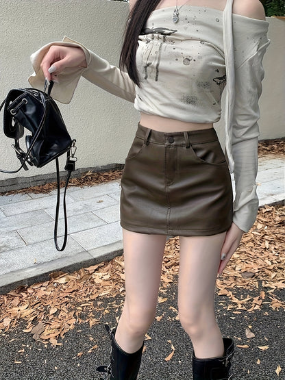 High-Waisted Leather A-Line Mini Skirt
